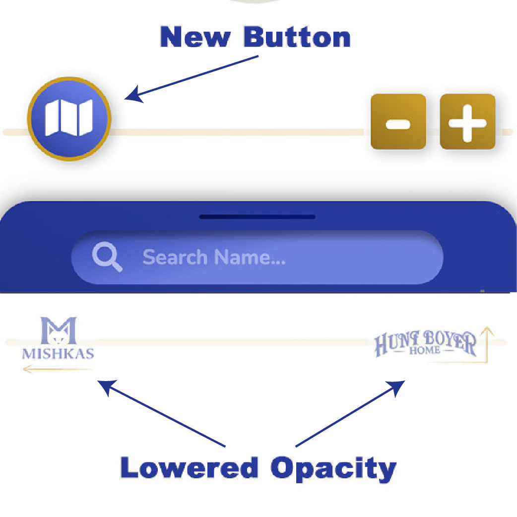 close up of button with map and lowered opacity of mishkas and hunt boyer home logos